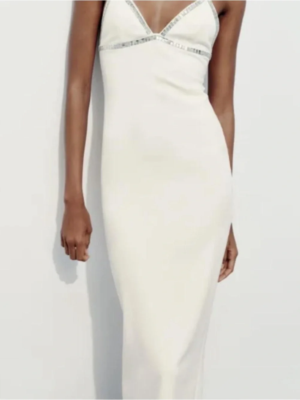 Zara Cream Slip Midi Dress with Decorative Trim